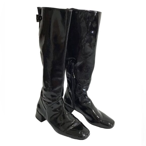 Start Weitzman Boots Black Leather Knee High Patent Leather Block Heel Size 9 - Picture 3 of 16